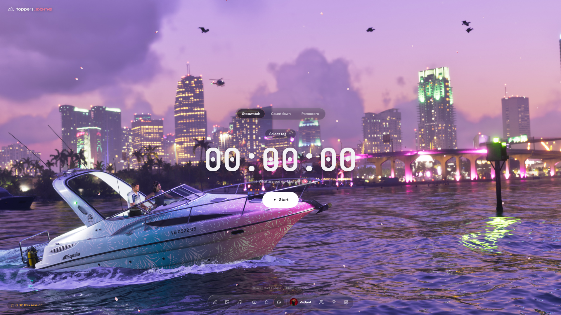 Toppers Zone stopwatch timer screen with mode switcher and tag selector, set on a cherry blossom focus scene