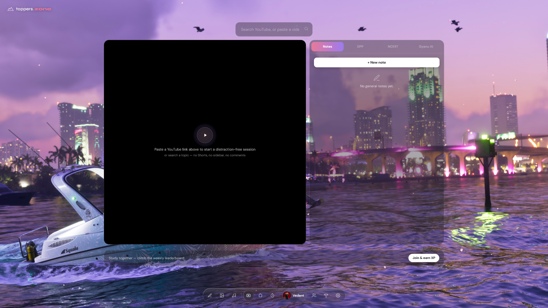 Toppers Zone workspace screen with a YouTube link field and a notes panel